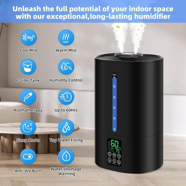 Alt view image 11 of 14 - 6L Humidifiers for Bedroom Large Room Home,Cool and Warm Humidifier for Baby and Plants Hot Mist Top Fill Desk Humidifiers Oil Diffuser,Quiet,Adjustable Mist,360°Nozzle-Black(2026 Upgraded)