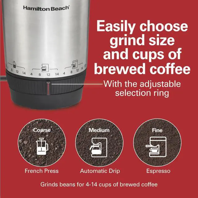 Alt view image 9 of 14 - Custom Grind Electric Coffee Grinder for 4-14 Cups, One-Press Hand-Free Operation with Auto Shutoff, Removable Grinding Bowl For Easy Pour and Clean, Stainless Steel (80406)
