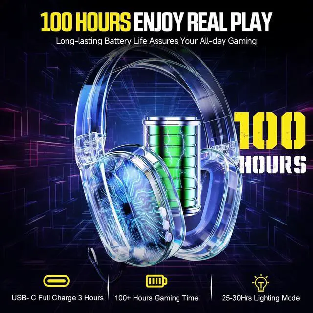 Alt view image 10 of 14 - Wireless Gaming Headset for PS5, PS4, PC, Switch, Mac, 2.4GHz USB Over Ear Gaming Headphones with Crystal RGB Lights