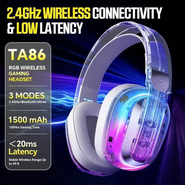 Alt view image 11 of 14 - Wireless Gaming Headset for PS5, PS4, PC, Switch, Mac, 2.4GHz USB Over Ear Gaming Headphones with Crystal RGB Lights