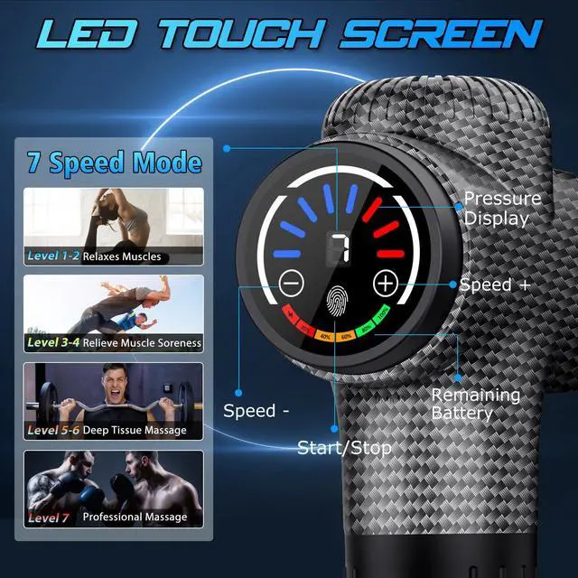 Alt view image 9 of 13 - Massage Gun, Upgrade Deep Tissue Back Massager with 10 Replacement Heads, Percussion Massage Guns for Athletes for Pain Relief, Super Quiet Electric Massager for Valentine Gift, Carbon