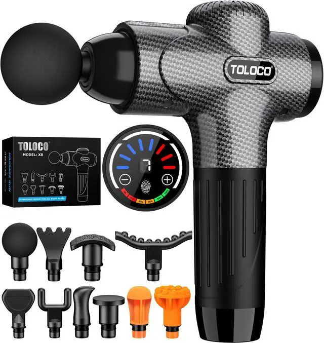 Alt view image 8 of 13 - Massage Gun, Upgrade Deep Tissue Back Massager with 10 Replacement Heads, Percussion Massage Guns for Athletes for Pain Relief, Super Quiet Electric Massager for Valentine Gift, Carbon