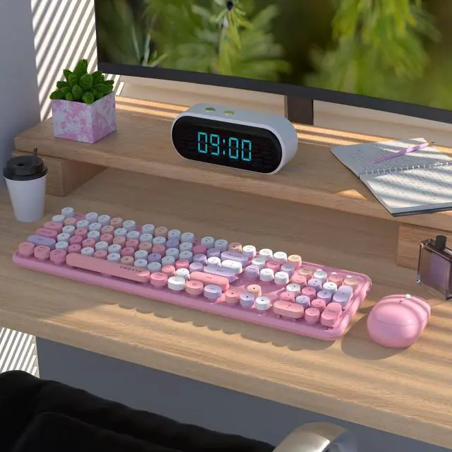 Alt view image 8 of 12 - Colorful Computer Wireless Keyboard Mice Combo, Retro Typewriter Flexible Keys Office Full-Sized Keyboard, 2.4GHz Dropout-Free Connection and Optical Mouse (Pink-Colorful)
