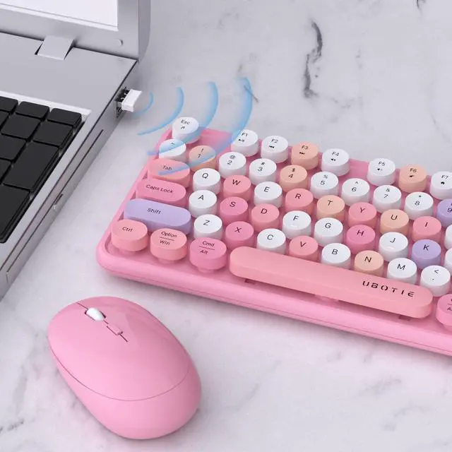Alt view image 9 of 12 - Colorful Computer Wireless Keyboard Mice Combo, Retro Typewriter Flexible Keys Office Full-Sized Keyboard, 2.4GHz Dropout-Free Connection and Optical Mouse (Pink-Colorful)