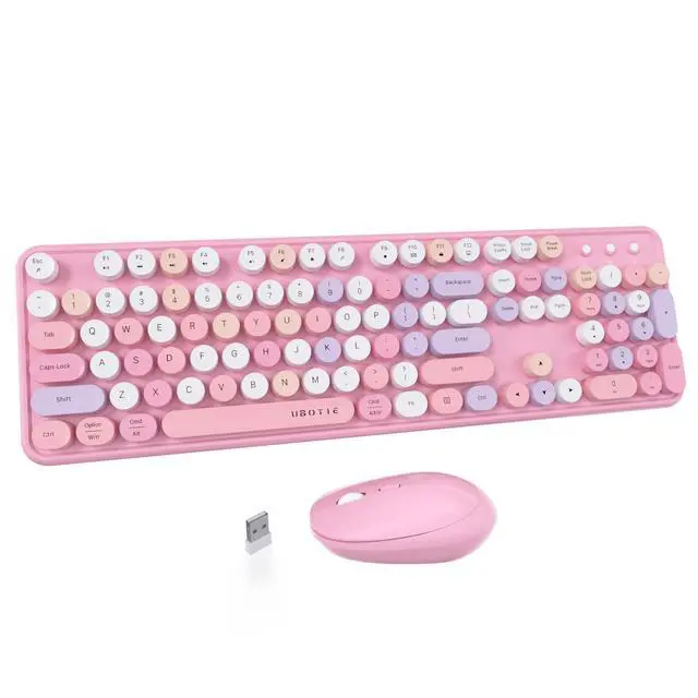 Alt view image 7 of 12 - Colorful Computer Wireless Keyboard Mice Combo, Retro Typewriter Flexible Keys Office Full-Sized Keyboard, 2.4GHz Dropout-Free Connection and Optical Mouse (Pink-Colorful)
