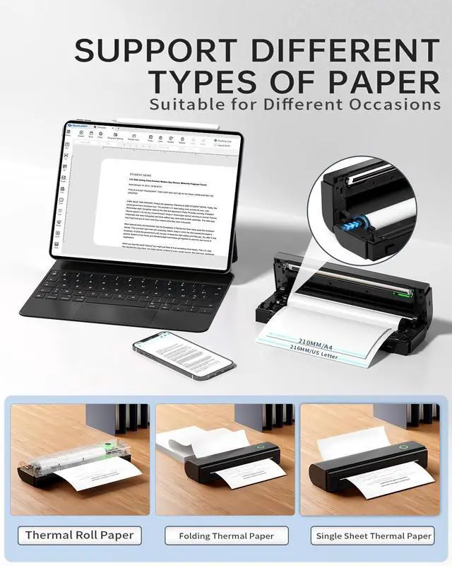 Alt view image 12 of 14 - Portable Printers Wireless for Travel, N80 Wireless Thermal Printer Bluetooth Inkless Printer Support 8.5" X 11" US Letter & A4, Compatible with iOS, Android, Laptop