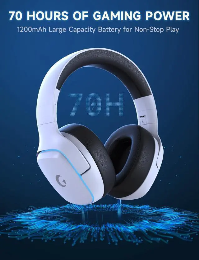Alt view image 10 of 14 - 2.4GHz Wireless Gaming Headsets for PS5, PS4, PC, Switch - Bluetooth 5.3 Gaming Headphones with Noise Canceling Mic, 7.1 Surround Sound, 70H Battery, Blue Lighting - White