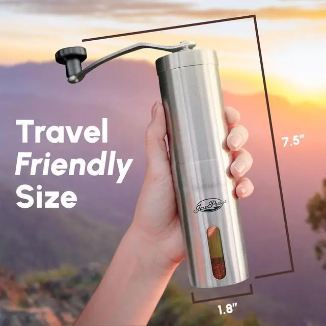 Alt view image 9 of 14 - Manual Stainless Steel Coffee Grinder - 18 Adjustable Settings, Portable Conical Burr Grinder for Camping, Travel, Espresso - With Hand Crank