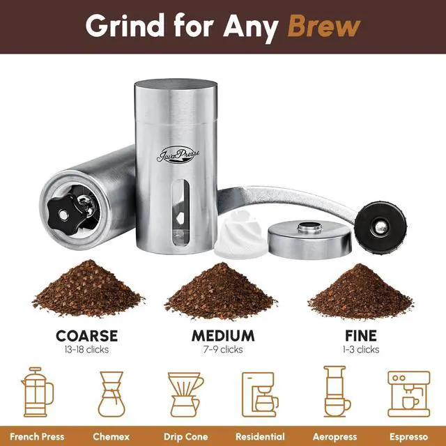 Alt view image 10 of 14 - Manual Stainless Steel Coffee Grinder - 18 Adjustable Settings, Portable Conical Burr Grinder for Camping, Travel, Espresso - With Hand Crank