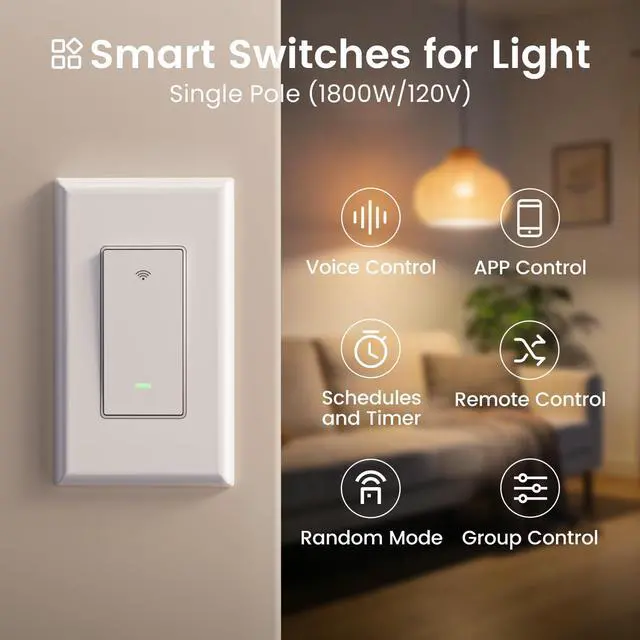 Alt view image 12 of 14 - Switches for Lights, WiFi Smart Light Switch Works with Alexa and Google Home, Neutral Wire Required, 2.4Ghz WiFi Light Switch with APP Control, Single Pole Smart Switch, 3