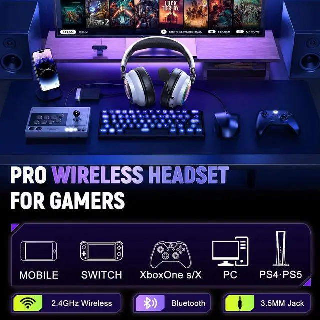 Alt view image 10 of 14 - Ultra-Light 3-in-1 Wireless Gaming Headset for PS5 PS4 Xbox, 7.1 Surround Sound, Noise Cancelling Mic, RGB Lights, 40H+ Battery, Lossless Audio, Comfy Over Ear Headphones for PC, Switch, Mac