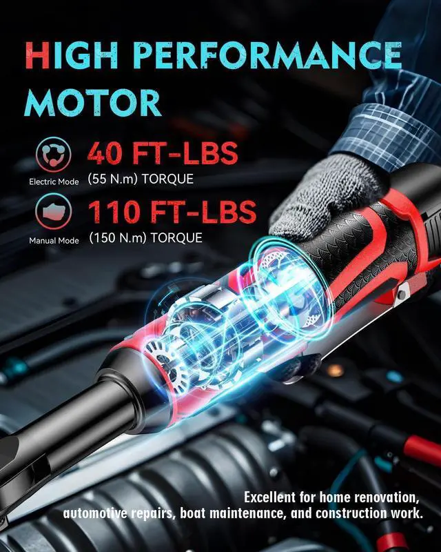 Alt view image 8 of 14 - 3/8" Cordless Ratchet Wrench, Extended Electric Ratchet Wrench, 40 Ft-Lbs 450 RPM 16.8V Cordless Battery Powered Ratchet Wrench Set with 2 Batteries, Variable Speed, 7 Sockets, LED Light