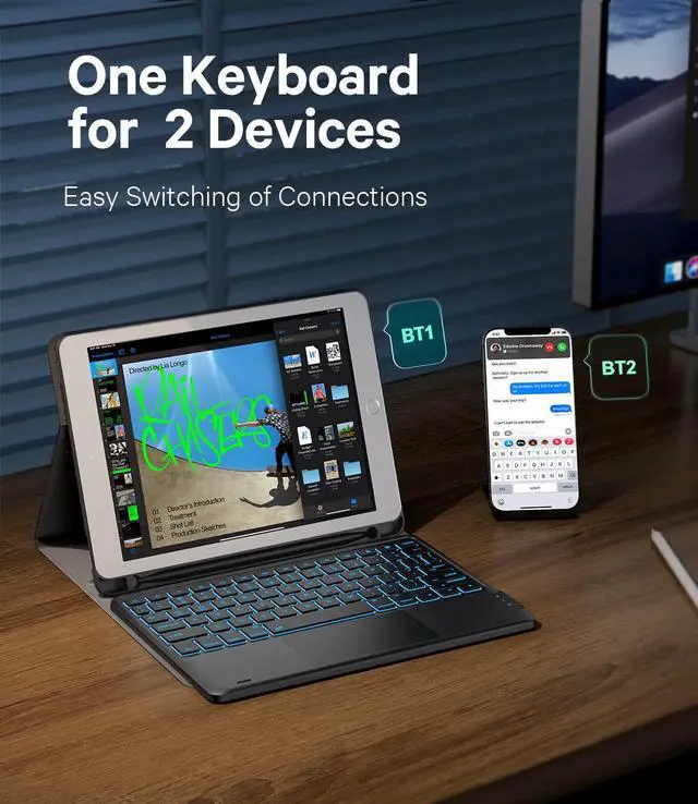 Alt view image 10 of 14 - Keyboard Case for iPad 9.7 inch, iPad 6th (2018)/iPad 5th Gen (2017), iPad Air 2nd Gen (2014), 7 Color Backlit, 2 BT Devices, Touchpad Keyboard Pro 9.7, Black
