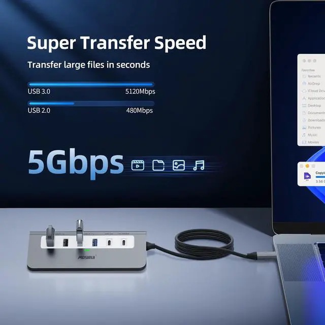 Alt view image 12 of 14 - 9 in 1 USB C Hub Multiport Adapter with 4K HDMI,Type C 3.0 5Gbps,USB A 3.0/2.0,PD 100W, SD/TF Card Reader,USB C Dock for MacBook Pro/Air,iPad,iMac,iPhone,HP,Dell and More (3.3 Ft)