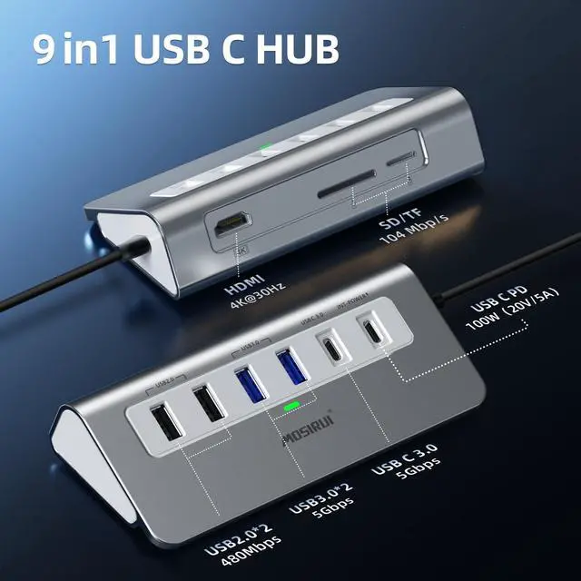 Alt view image 13 of 14 - 9 in 1 USB C Hub Multiport Adapter with 4K HDMI,Type C 3.0 5Gbps,USB A 3.0/2.0,PD 100W, SD/TF Card Reader,USB C Dock for MacBook Pro/Air,iPad,iMac,iPhone,HP,Dell and More (3.3 Ft)