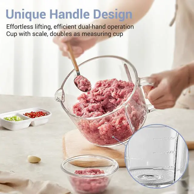 Alt view image 9 of 14 - Food Processor, Electric Food Chopper with 8 Cup/2L Handheld Glass Bowls, No-Hole 4 Bi-level Stainless Steel Blades for Easy Cleaning, 2 speed 400W Power Motor Grinder for Meat, and Baby Food