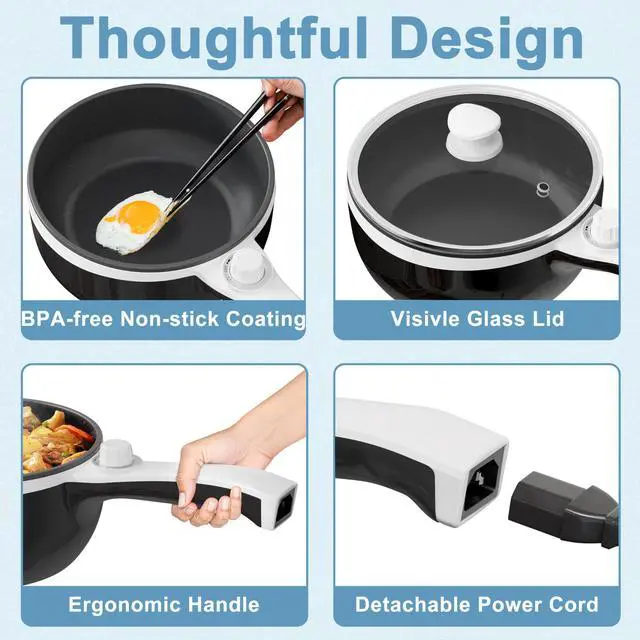 Alt view image 14 of 14 - Hot Pot Electric Upgraded, Non-Stick Sauté Pan, Rapid Noodles Electric Pot, 1.5L Mini Portable Hot Pot for Steak, Egg, Fried Rice, Ramen, Oatmeal, Soup with Power Adjustment