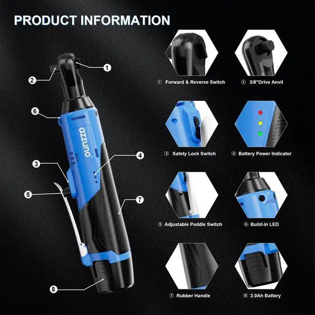 Alt view image 10 of 17 - 3/8" Electric Ratchet Wrench Set 30 Ft-lbs Cordless Ratchet Wrench 300 RPM Power Ratchet Tool Kit with 2 x 2000mAh Lithium-Ion Battery, Fast Charger, 7 Sockets and 3" Extension Bar