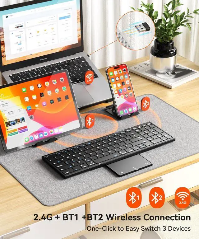 Alt view image 10 of 14 - Foldable Bluetooth Keyboard with Touchpad & Number Pad, 3 Devices (2.4G+BTx2) Fold Portable Keyboard, Full Size Key Large Trackpad Wireless Travel Rechargeable Keyboards for Android Windows iOS Tablet
