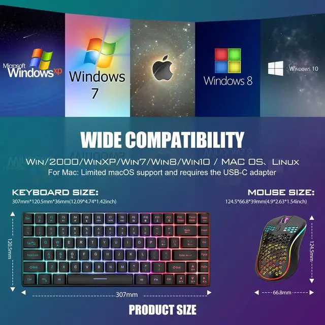 Alt view image 11 of 11 - K84 Wireless Keyboard and Mouse Combo, Rainbow Backlit Rechargeable Battery, 75% Layout TKL Ultra Compact Gaming Keyboard & Lightweight 3200 DPI Honeycomb Optical Mouse (Black)