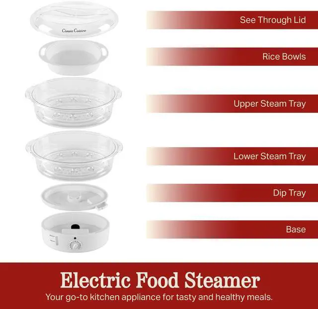 Alt view image 9 of 14 - Vegetable Steamer Rice Cooker- 6.3 Quart Electric Steam Appliance with Timer for Healthy Fish, Eggs, Vegetables, Rice, Baby Food by Classic Cuisine, 11"D x 11"W x 12.25"H