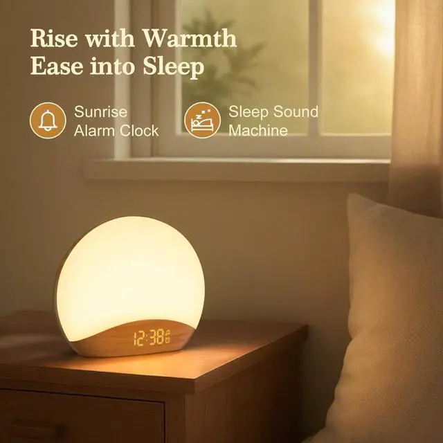 Alt view image 10 of 14 - Wood Grain Sunrise Alarm Clock and Sound Machine Nightlight, Digital Dimmable Clock for Bedroom, 26 Sleep Sounds, White Noise Machine for Baby, Adults, Wake Up Light Alarm Clock for Kids