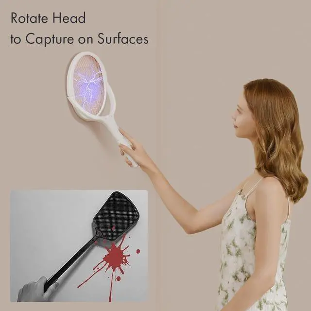 Alt view image 9 of 14 - Rotating Head Electric Fly Swatter Racket Rechargeable Bug Zapper Racket Bug Zapper Indoor Fly Zapper Mosquito Zapper Flies Killer for Indoors, with a Telescopic Extension
