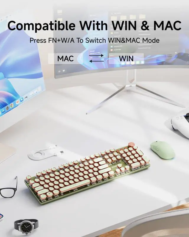 Alt view image 12 of 14 - EWEADN Typewriter Style Mechanical Keyboard, Wired Typewriter Keyboards,104 Keys Backlit LED Metal Keyboards, Media Control Knob, Wired Computer Keyboard Pink Switch for Windows/Mac/PC-Green
