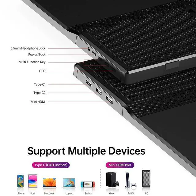 Alt view image 9 of 14 - Portable Monitor 15.6 Inch 1080P USB-C HDMI Ultra-Slim Travel Monitor with Kickstand, for Laptop, PC, Mac Phone, PS, Xbox, Swich IPS Ultra-Thin Zero Frame Gaming