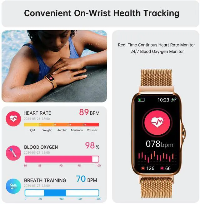 Alt view image 10 of 12 - Health Fitness Tracker, Smart Watch with 24/7 Heart Rate and Blood Oxygen Monitor, Sleep Tracker with IP68 Waterproof, Activity Tracker Pedometer Step Counter for Women Men (Rose Gold)