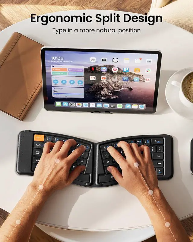 Alt view image 10 of 14 - Ergonomic Foldable Keyboard, XK03 Split Folding Travel Bluetooth Keyboard, Ultra Slim, Portable for iPad, iPhone, Tablet, Laptop, PC
