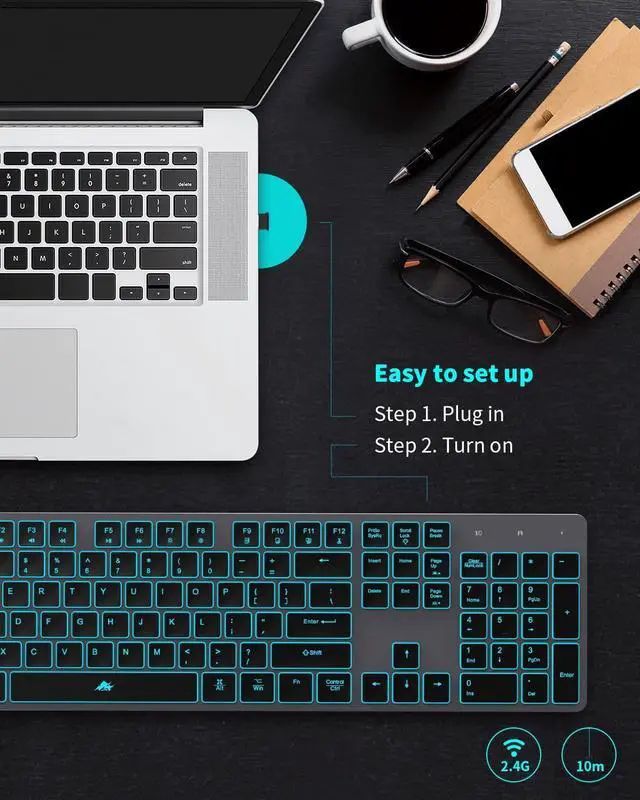 Alt view image 10 of 12 - Wireless Backlit Keyboard, Rechargeable USB Silent Keyboard, 2.4G Cordless Full Size, Compatible with Apple iMac, MacBook and PC, Computer Laptop, Space Gray