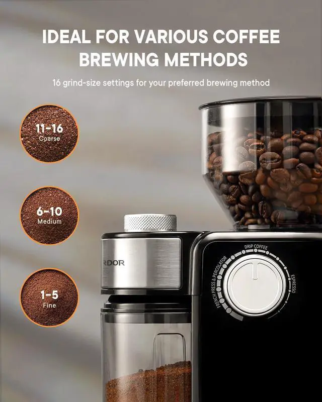 Alt view image 9 of 12 - Electric Burr Coffee Grinder 2.0, Adjustable Burr Mill with 16 Precise Grind Setting for 2-14 Cup, Black
