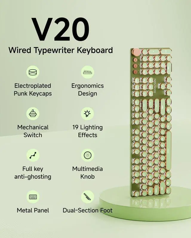 Alt view image 10 of 14 - EWEADN Typewriter Style Mechanical Keyboard, Wired Typewriter Keyboards,104 Keys Backlit LED Metal Keyboards, Media Control Knob, Wired Computer Keyboard Pink Switch for Windows/Mac/PC-Green
