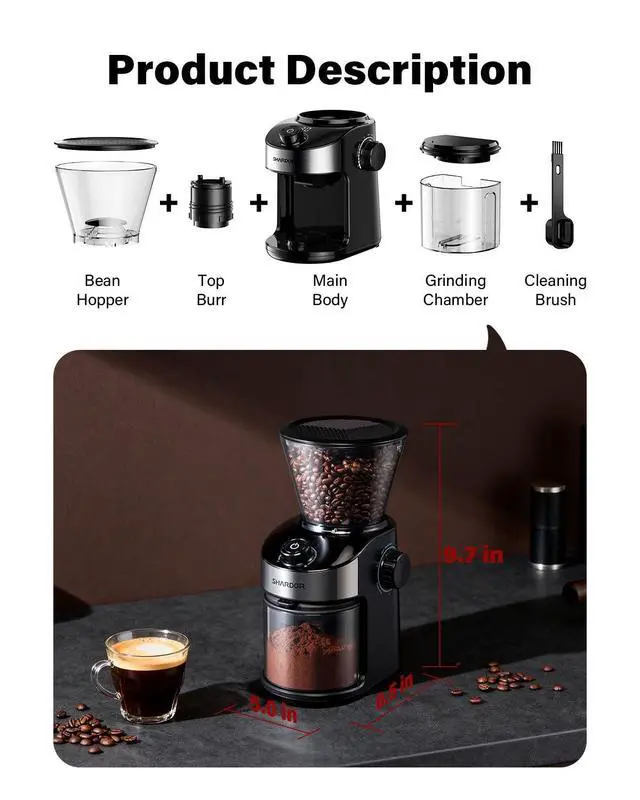 Alt view image 12 of 12 - Burr Coffee Grinder Electric with 32 Grinding Sizes 3.0,Coffee Bean Grinder with 40 Seconds Adjustable Electronic Timer, Coffee Grinders for Home Use with Chamber Cleaning Button,Black