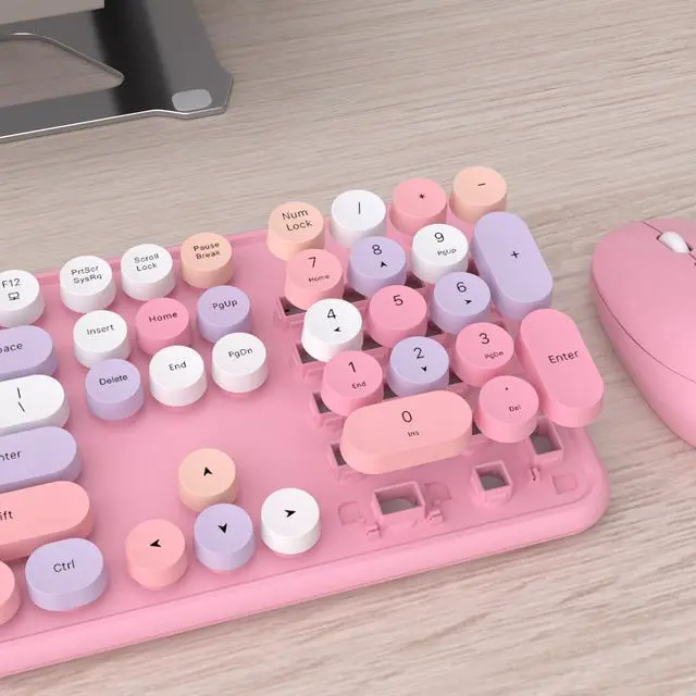 Alt view image 10 of 12 - Colorful Computer Wireless Keyboard Mice Combo, Retro Typewriter Flexible Keys Office Full-Sized Keyboard, 2.4GHz Dropout-Free Connection and Optical Mouse (Pink-Colorful)