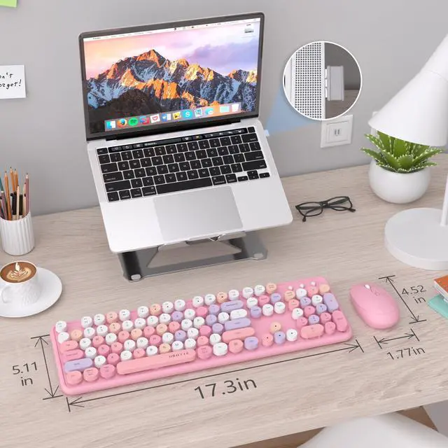 Alt view image 12 of 12 - Colorful Computer Wireless Keyboard Mice Combo, Retro Typewriter Flexible Keys Office Full-Sized Keyboard, 2.4GHz Dropout-Free Connection and Optical Mouse (Pink-Colorful)