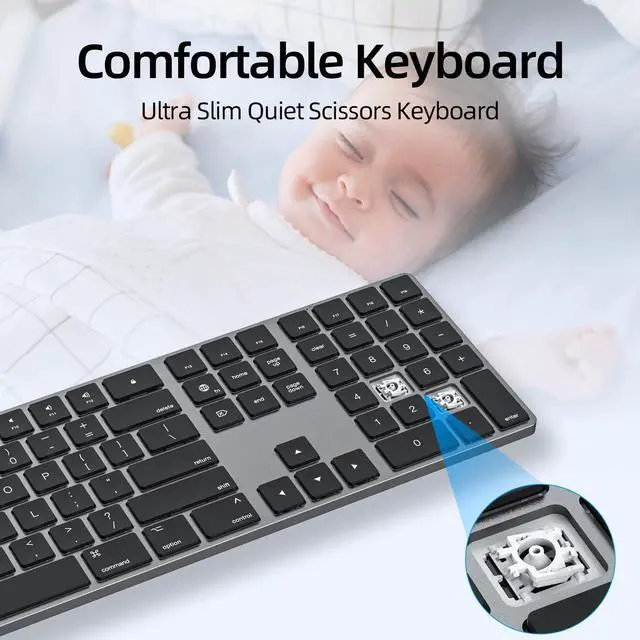 Alt view image 10 of 14 - Ultra Slim Bluetooth Keyboard for Mac, Full Size Wireless Keyboard with Numeric Keypad, Rechargeable Quiet Scissor Switch Keyboard Compatible with MacBook/iPad/iPhone/Mac OS