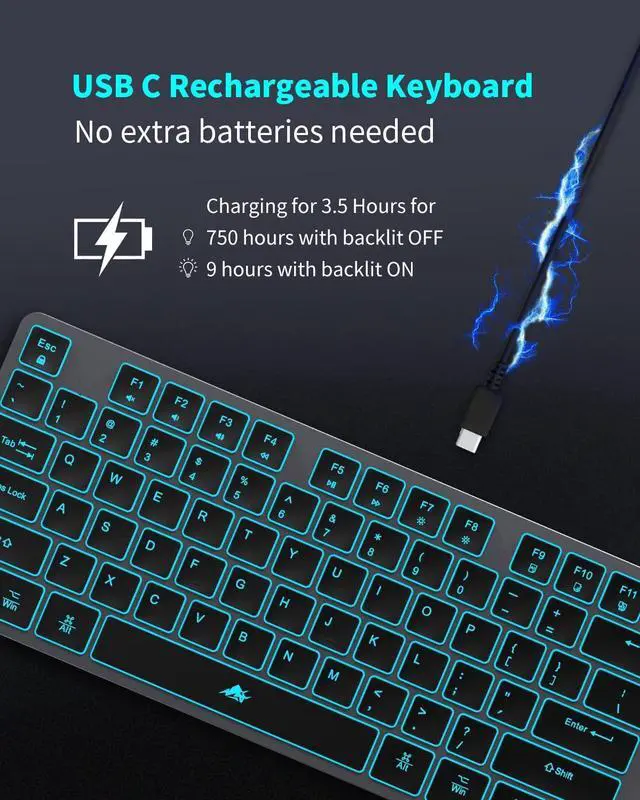 Alt view image 9 of 12 - Wireless Backlit Keyboard, Rechargeable USB Silent Keyboard, 2.4G Cordless Full Size, Compatible with Apple iMac, MacBook and PC, Computer Laptop, Space Gray