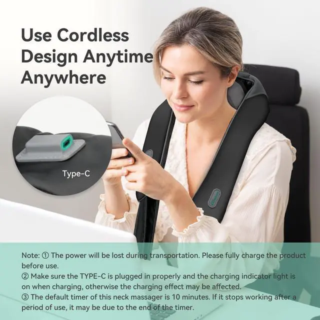 Alt view image 10 of 12 - Cordless Neck Massager with Heat for Pain Relief Deep Tissue, 4D Kneading, Mothers Day Gifts, Rechargeable Shiatsu Back Neck Massager for Neck, Shoulders Back