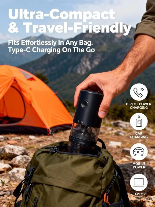 Alt view image 9 of 12 - Portable Electric Burr Coffee Grinder - Grind While Charging - Visual Bean Hopper - 38 External Grind Settings - 1.8X Faster Grinding - 2000 mAh Battery for Travel, Camping - Matte Black