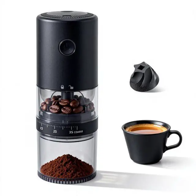 Alt view image 8 of 12 - Portable Electric Burr Coffee Grinder - Grind While Charging - Visual Bean Hopper - 38 External Grind Settings - 1.8X Faster Grinding - 2000 mAh Battery for Travel, Camping - Matte Black