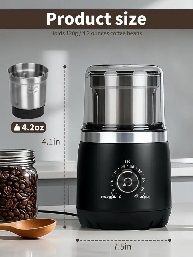 Alt view image 10 of 14 - Electric Coffee Grinder with Silent Grinding Blades & Timer Knob to Adjustable Coarse to Fine, Espresso Grinder with Removable Stainless Steel Bowl for Coffee Bean, Herb, Spices, Seeds (Black)