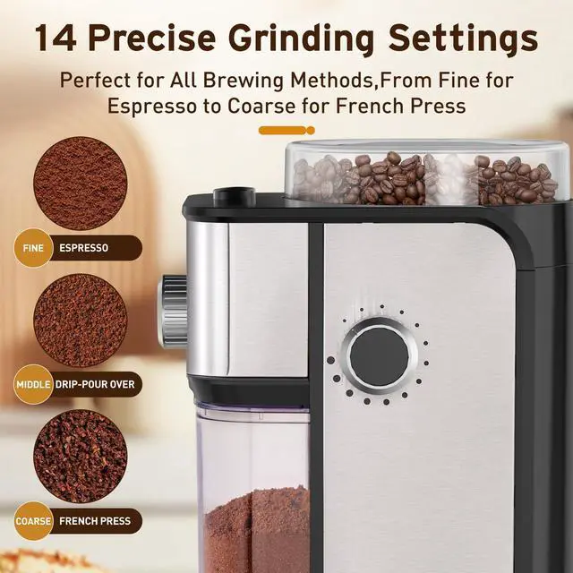 Alt view image 8 of 14 - Flat Burr Coffee Grinder Electric, Adjustable Coffee Grinder for Home Use, Compact Coffee Beans Grinder with 14 Grind Settings, 2-12 Cups for Home & Office