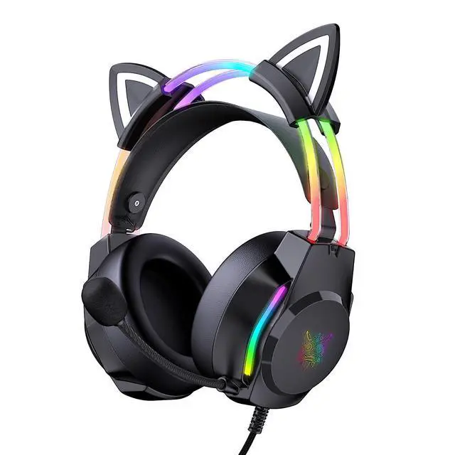 Alt view image 8 of 14 - Gaming Headset with Microphone, Cat Ear Headphones for PC Laptop PS4 PS5 Xbox Switch, Rainbow RGB Lighting & Virtual Surround Sound, 3.5mm Wired Over Ear Headphones, Ergonomic