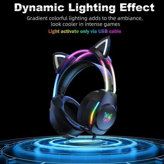 Alt view image 9 of 14 - Gaming Headset with Microphone, Cat Ear Headphones for PC Laptop PS4 PS5 Xbox Switch, Rainbow RGB Lighting & Virtual Surround Sound, 3.5mm Wired Over Ear Headphones, Ergonomic