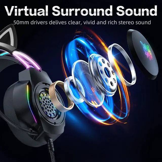 Alt view image 10 of 14 - Gaming Headset with Microphone, Cat Ear Headphones for PC Laptop PS4 PS5 Xbox Switch, Rainbow RGB Lighting & Virtual Surround Sound, 3.5mm Wired Over Ear Headphones, Ergonomic