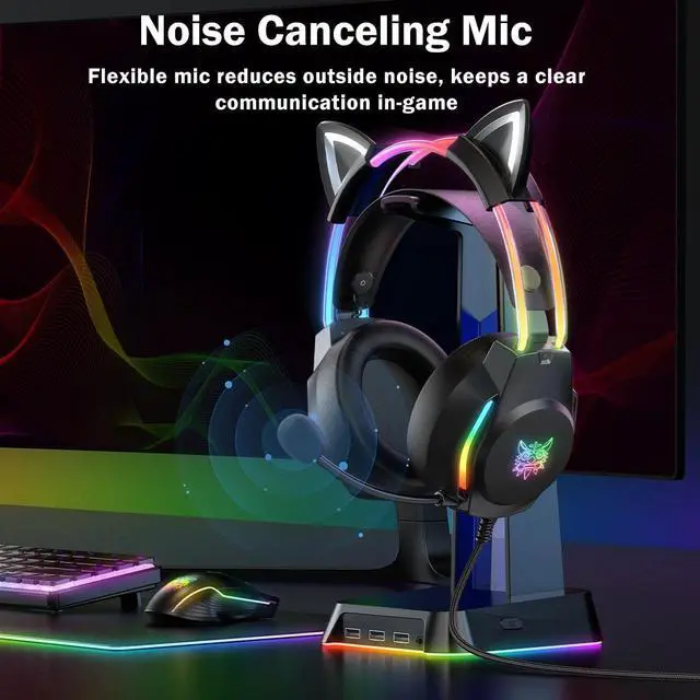 Alt view image 11 of 14 - Gaming Headset with Microphone, Cat Ear Headphones for PC Laptop PS4 PS5 Xbox Switch, Rainbow RGB Lighting & Virtual Surround Sound, 3.5mm Wired Over Ear Headphones, Ergonomic