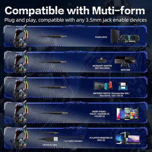 Alt view image 14 of 14 - Gaming Headset with Microphone, Cat Ear Headphones for PC Laptop PS4 PS5 Xbox Switch, Rainbow RGB Lighting & Virtual Surround Sound, 3.5mm Wired Over Ear Headphones, Ergonomic