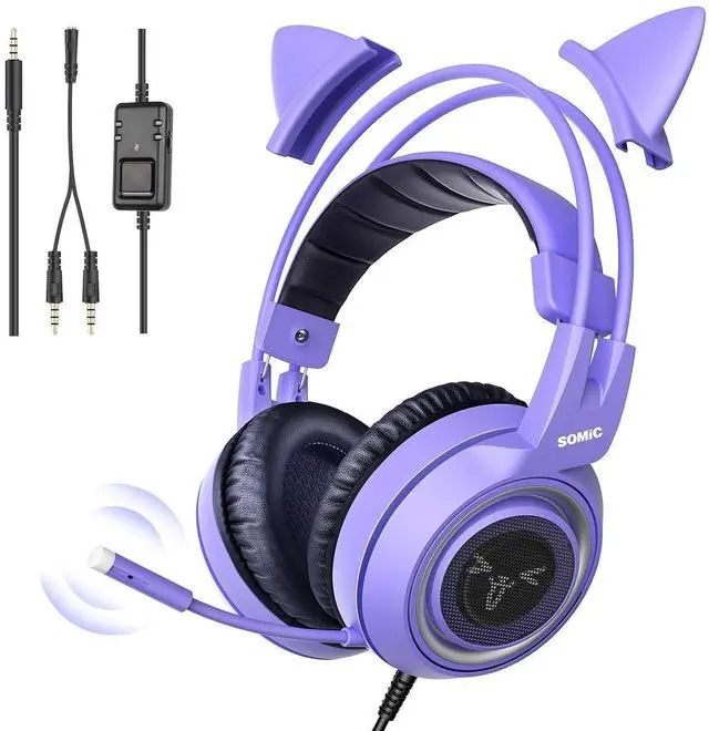 Alt view image 8 of 14 - G951S Purple Stereo Gaming Headset with Mic for PS4, PS5, Xbox One, PC, Phone, Detachable Cat Ear 3.5MM Noise Reduction Headphones Computer Gaming Headphone Self-Adjusting Gamer Headsets